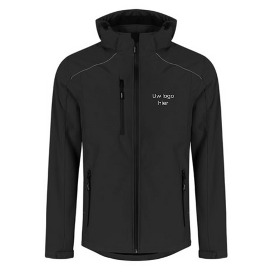 Softshell jas met kap bedrukt logo (op borst)